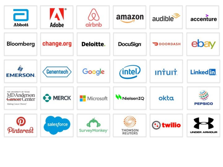 Collection of corporate logos that have been Karen's clients, including Abbott, Adobe, Airbnb, Amazon, Audible, Accenture, Bloomberg, change dot org, deloitte, DocuSign, DoorDash, eBay, Emerson, Genentech, Google, Intel, Intuit, LinkedIn, MD Anderson Cancer Center, Merck, Microsoft, NielsenIQ, okta, PepsiCo, Pinterest, Salesforce, SurveyMonkey, Thomson Reuters, Twillio and Under Armour
