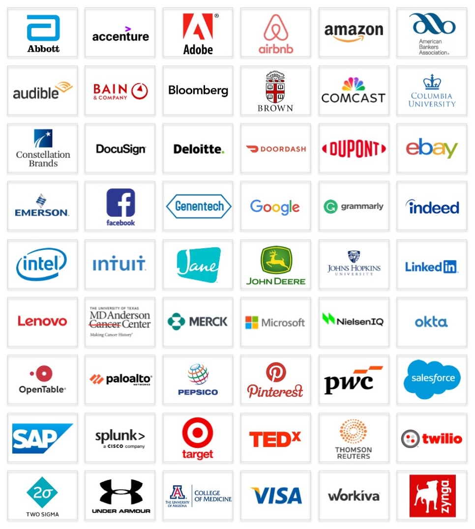 Table of logos of organizations that Karen has spoken at or has coached at, including Abbott, Accenture, Adobe. Airbnb, Amazon, American Bankers Association, Audible, Bain, Bloomberg, Brown, Comcast, Columbia University, Constellation Brands, DocuSign, Deloitte, DoorDash, Dupont, eBay, Emerson, Facebook, Genentech, Google, grammarly, indeed, Intel, Intuit, jane, john deere, Johns Hopkins University, Lenovo, MD Anderson Cancer Center, Merk, Microsoft, NielsenIQ, Okta, OpenTable, Palo Alto Networks, Pepsico, Pinterest, PWC, Salesforce, SAP, Splunk, Target, TedX, Thomson Reuters, Twilio, Two Sigma, Under Armour, University of Arizona College of Medicine, Visa, Workiva, and Zynga.