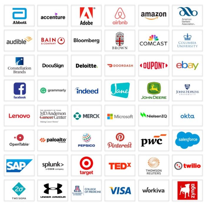 Alt text: Table of logos of organizations that Karen has spoken at, including Abbott, Accenture, Adobe. Airbnb, Amazon, American Bankers Association, Audible, Bain, Bloomberg, Brown, Comcast, Columbia University, Constellation Brands, DocuSign, Deloitte, DoorDash, Dupont, eBay, Facebook, grammarly, indeed, jane, john deere, Johns Hopkins University, Lenovo, MD Anderson Cancer Center, Merk, Microsoft, NielsenIQ, Okta, OpenTable, Palo Alto Networks, Pepsico, Pinterest, PWC, Salesforce, SAP, Splunk, Target, TedX, Thomson Reuters, Twilio, Two Sigma, Under Armour, University of Arizona College of Medicine, Visa, Workiva, and Zynga.